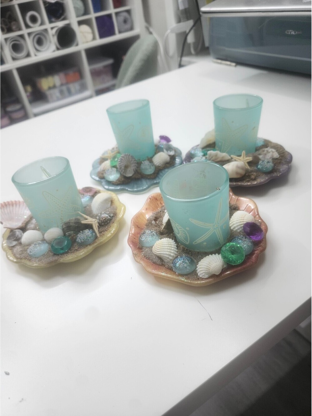 Set of 4 Coastal-Themed Candle Holders with Sea Shells and Glass Accents